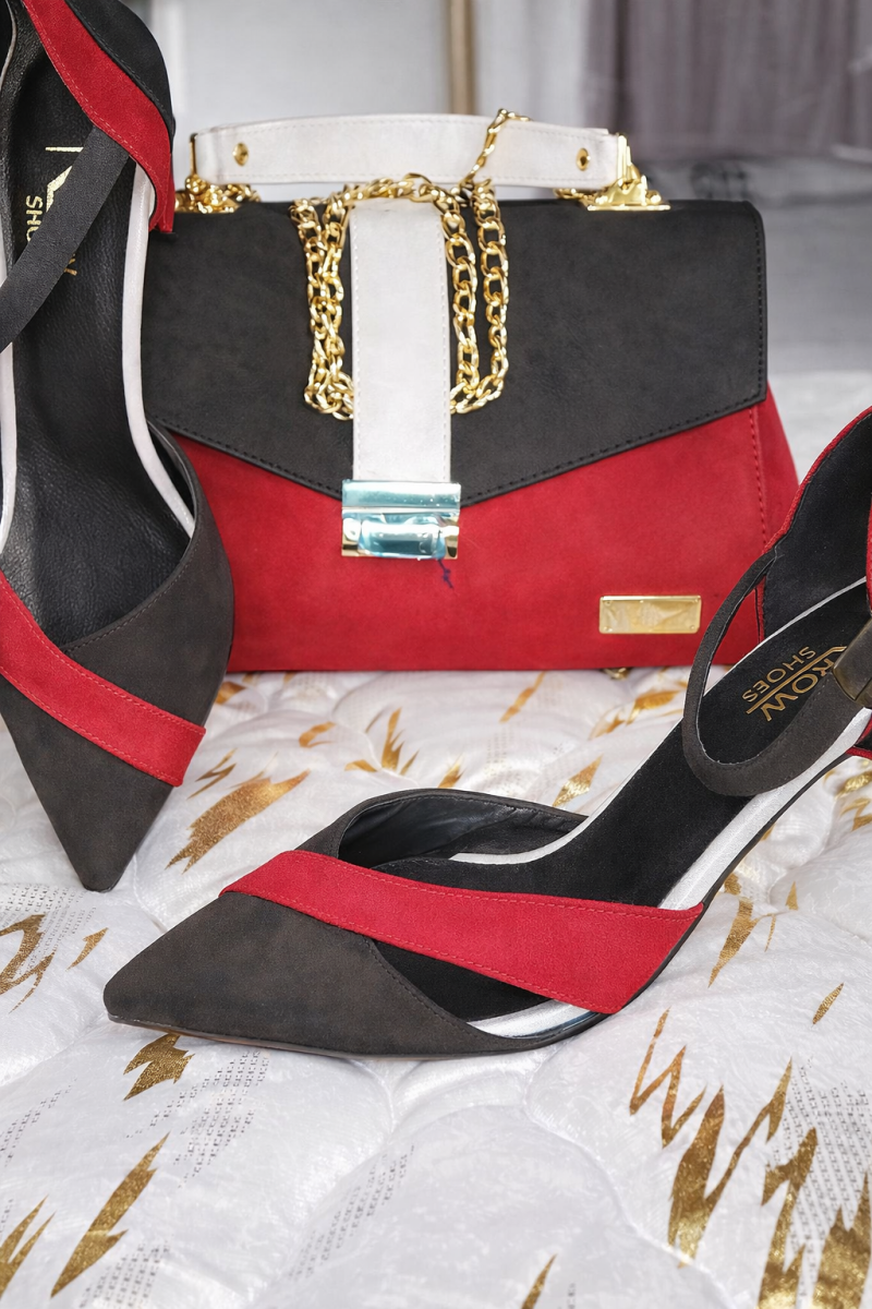 👜👠 Ensemble sac et chaussures escarpins – Noir et rouge élégant